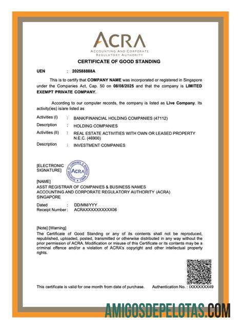 Certificado de boa reputação de Cingapura para download, modelo Word e PDF, versão 2